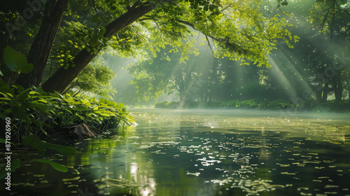 Sunlight beams through a verdant forest canopy, reflecting on a still river