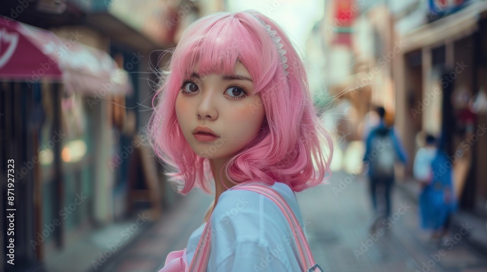 beautiful young japanese girl with pink wig on the street beautiful young japanese girl with pink wig on the street