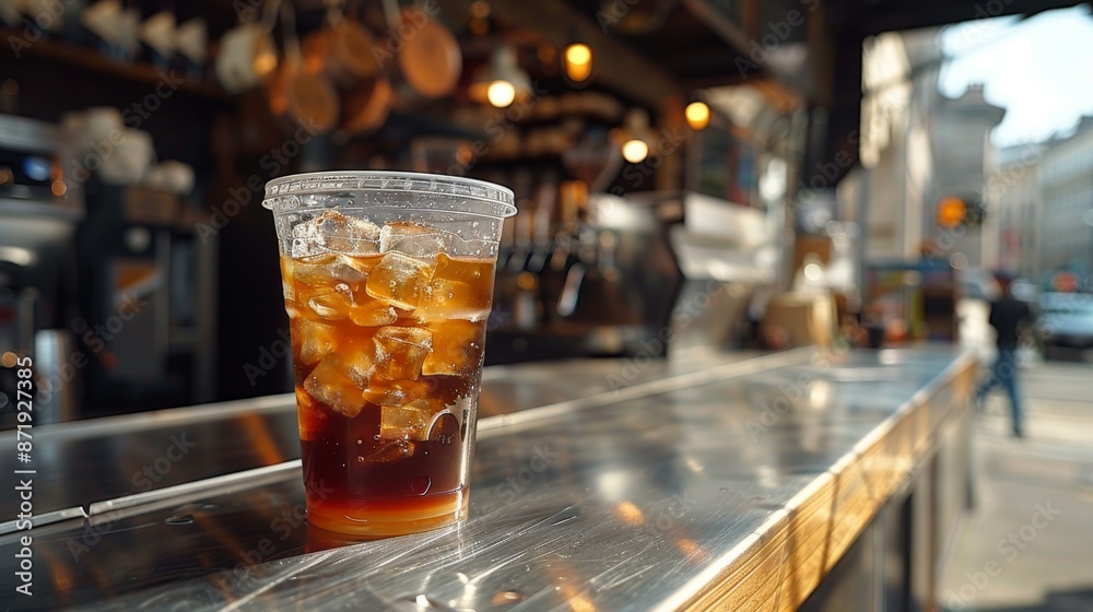 Cup of fresh caramel iced coffee, latte, macchiato on food truck counter top. Barista, bistro, outdoor. Room for copy space.	