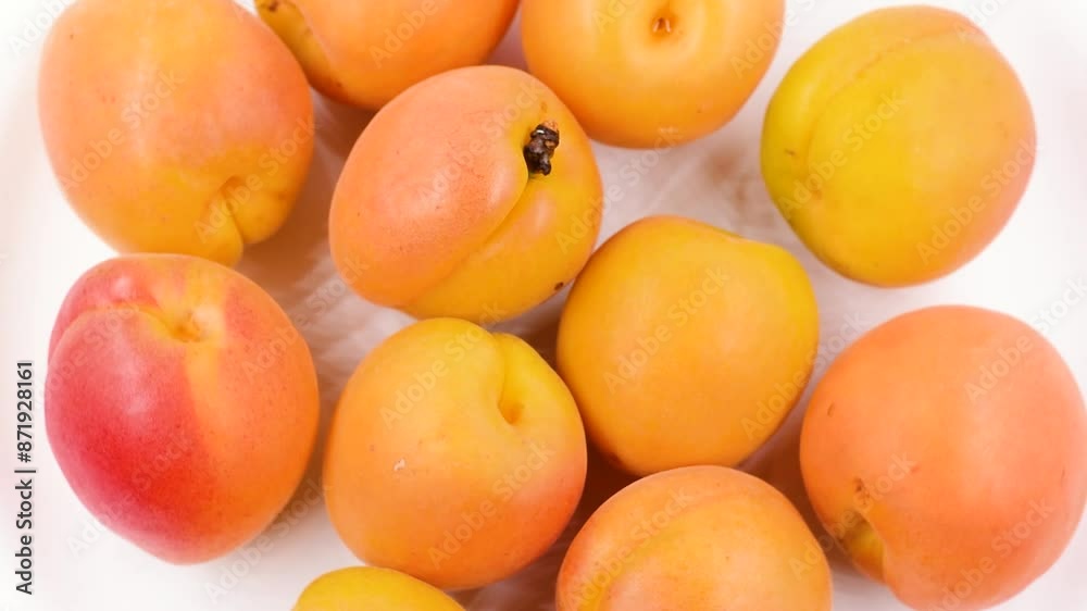 Apricots Media Bell variety,heap of fruit on white plate,view directly above,rotating video. Apricots Media Bell variety,heap of fruit on white plate,view directly above,rotating video.