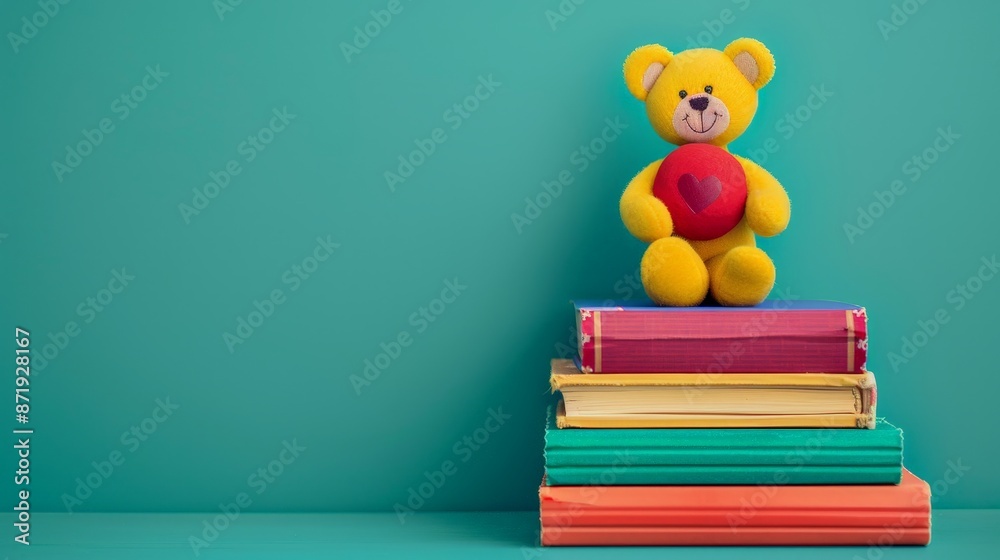Colorful Stack of Children's Books with Bear Toy Colorful Stack of Children's Books with Bear Toy