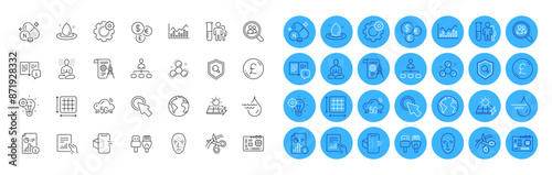 Chemistry molecule, Vitamin n and Search employees line icons pack. Computer cables, Hydroelectricity, Yoga web icon. 5g cloud, Click here, Fuel energy pictogram. Solar panels. Vector