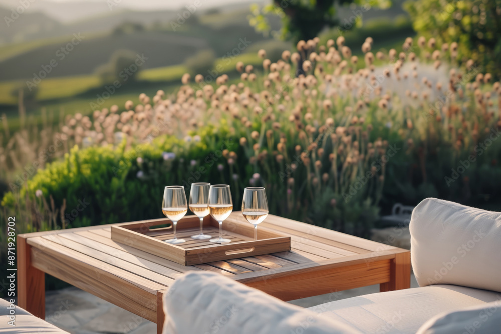 Obraz premium White wine in glasses in the lounge area with modern furniture and views of the green hills