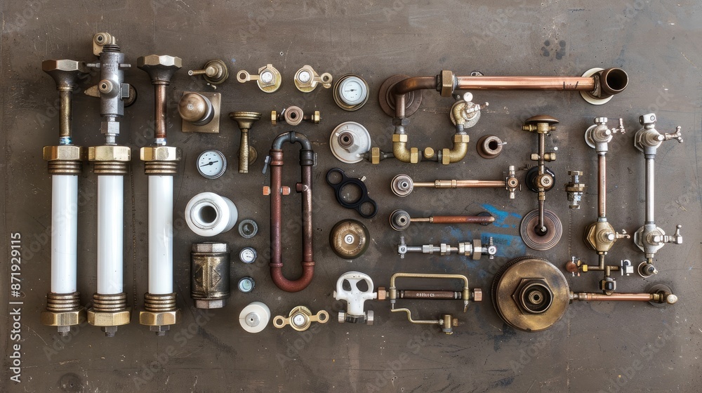 A meticulously arranged collection of plumbing parts and tools on a wooden surface, showcasing a variety of metal fittings, valves, and pipes A meticulously arranged collection of plumbing parts and tools on a wooden surface, showcasing a variety of metal fittings, valves, and pipes
