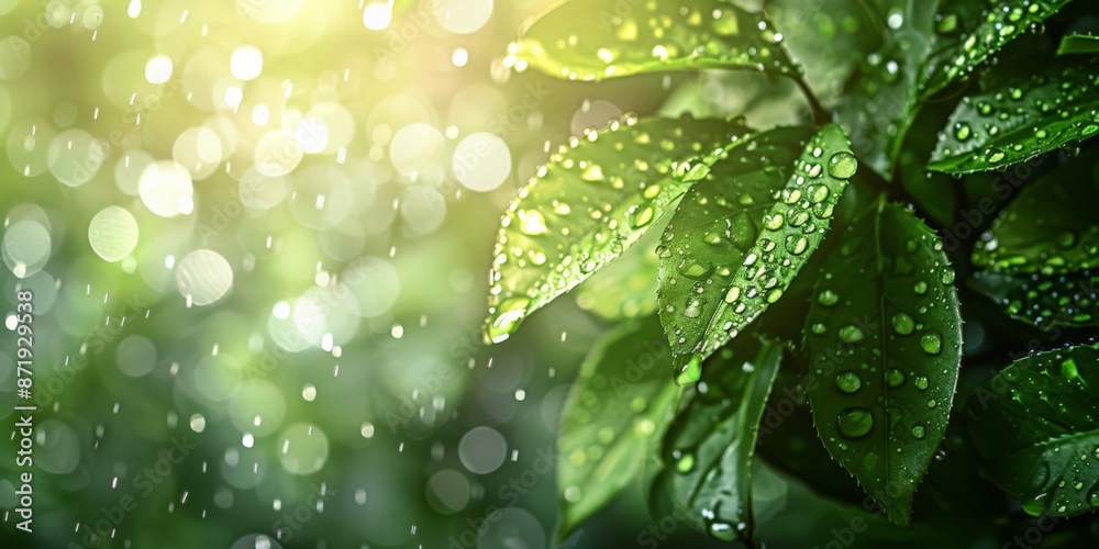 Fresh green leaves covered in dewdrops and rain, illuminated by sunlight, creating a serene and refreshing natural scene. Fresh green leaves covered in dewdrops and rain, illuminated by sunlight, creating a serene and refreshing natural scene.