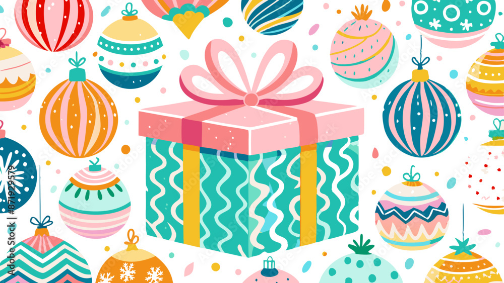 Vibrant Festive Seamless Pattern with Gift Box and Colorful Ornaments Vibrant Festive Seamless Pattern with Gift Box and Colorful Ornaments