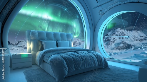 Fototapeta Naklejka Na Ścianę i Meble -  surreal bedroom in space station with white and blue color scheme, large bed with plush comforter, aurora borealis view through round window