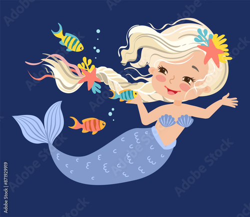 Hand drawn vector illustration of Beautiful Girl Mermaid with a blonde braid. Underwater marine life of a coral reef stonefish