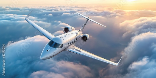 A private jet flying high above the clouds in bright sunlight, showcasing luxury travel in action. Luxury travel and tourism concept.