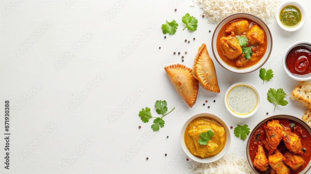 A variety of food is displayed on a white table, including shrimp, broccoli A variety of food is displayed on a white table, including shrimp, broccoli