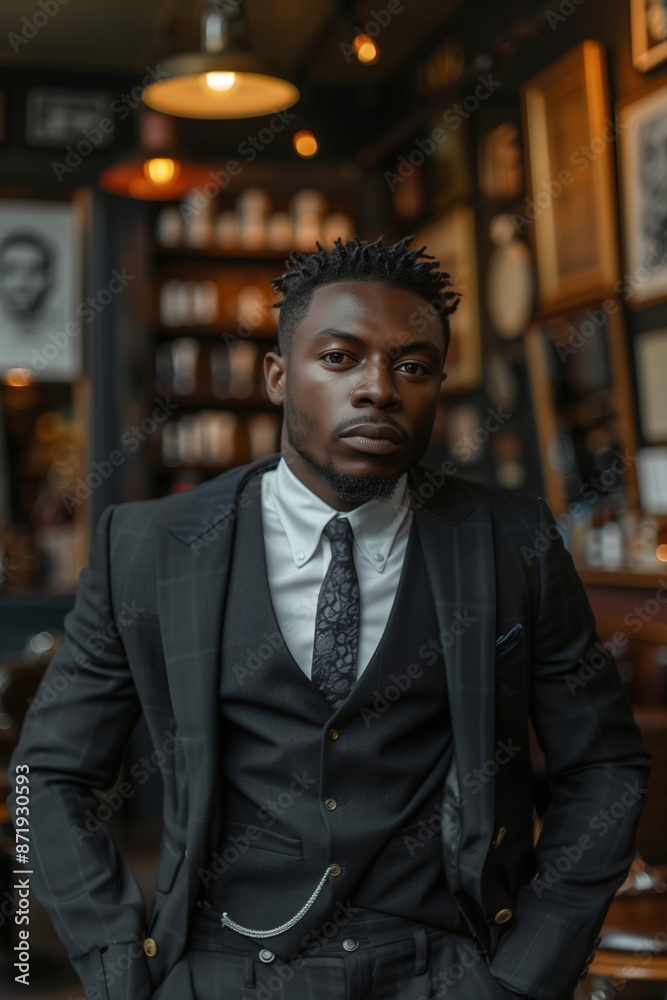 Black Man in a Suit Standing in a Bar With a Dark Background Black Man in a Suit Standing in a Bar With a Dark Background