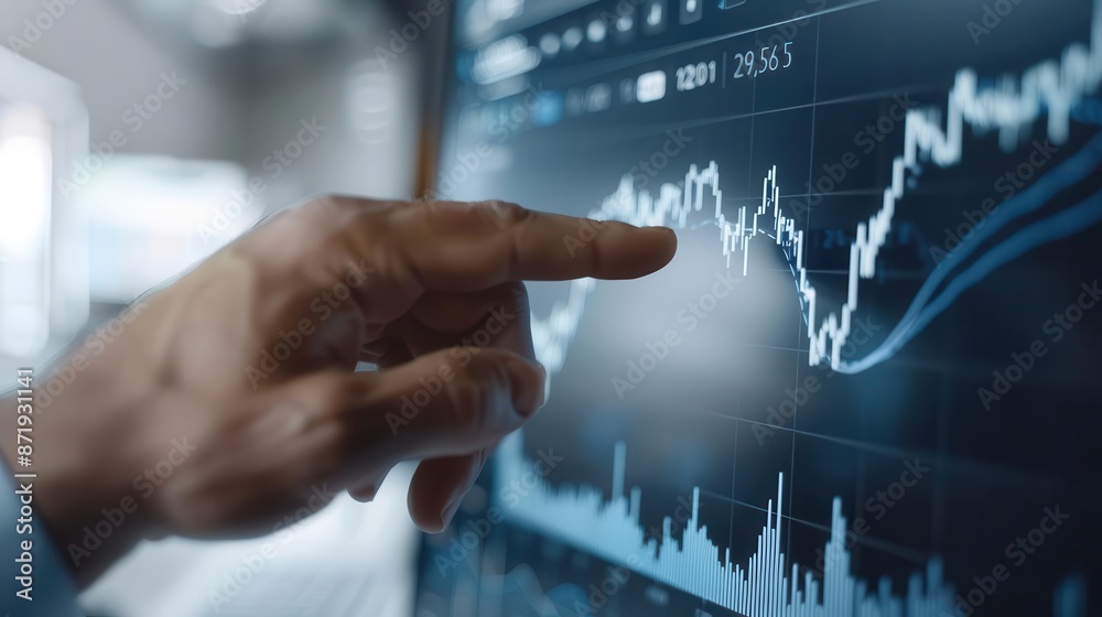 Close up of a hand pointing at a stock market graph on a computer screen. Close up of a hand pointing at a stock market graph on a computer screen.
