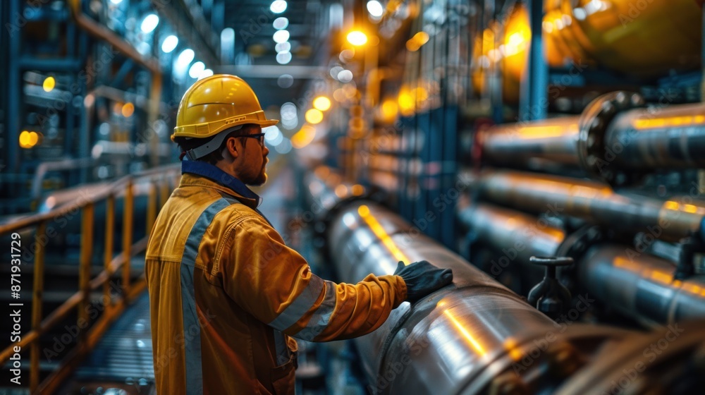 Male worker inspecting steel pipes and elbows at an oil refinery, recording visual checks. Male worker inspecting steel pipes and elbows at an oil refinery, recording visual checks.