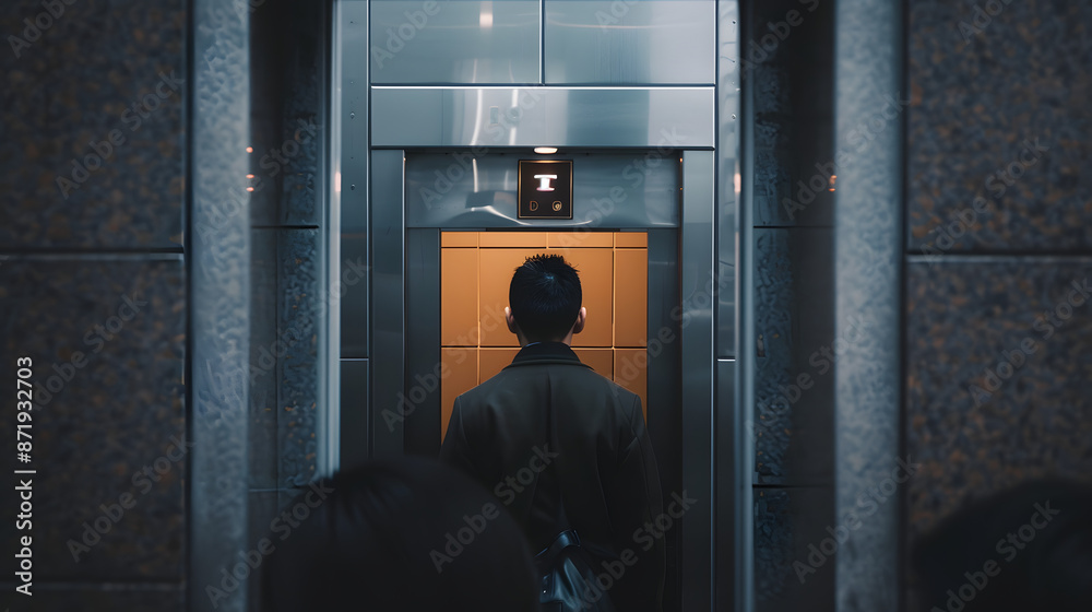 exterior front facing view of a person stuffed into a very busy office elevator exterior front facing view of a person stuffed into a very busy office elevator