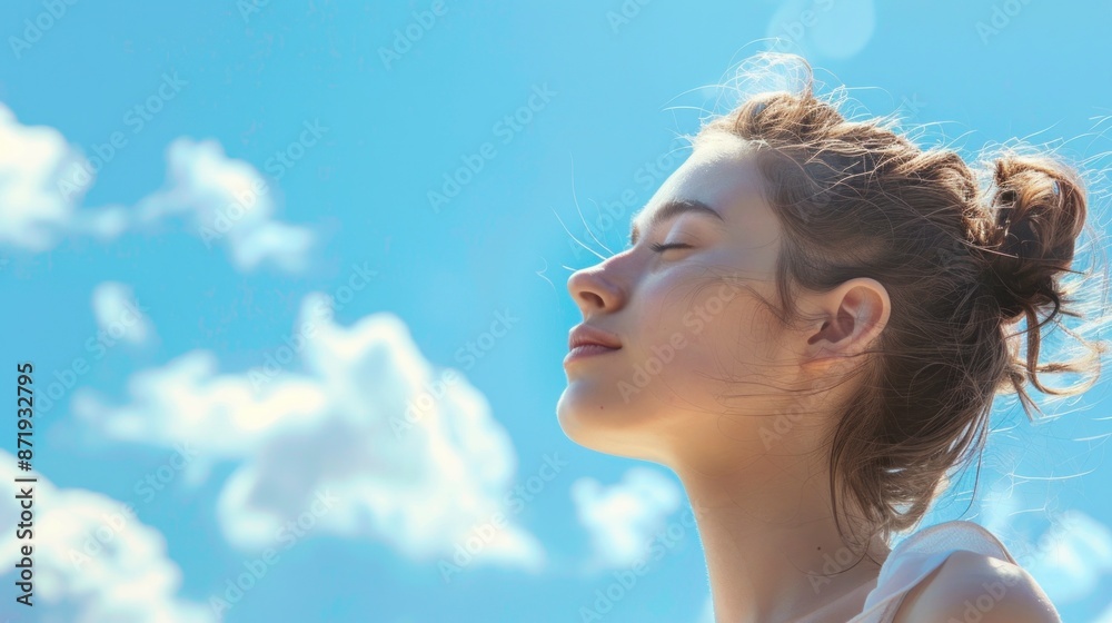 beautiful white woman with closed eyes looking up with a beautiful blue sky background beautiful white woman with closed eyes looking up with a beautiful blue sky background