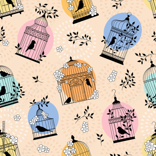 Vintage bird cages seamless pattern. Repeated decorative wicker houses for parrots and canaries, metal and steel bars. Decor textile, wrapping, wallpaper. Print for fabric, vector background