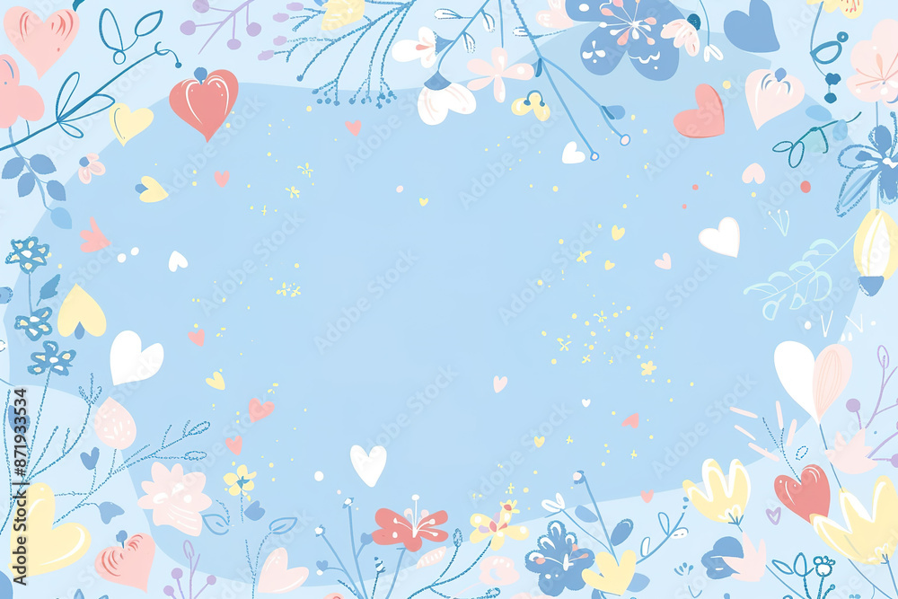 Flat style blue heart and flower illustration background Flat style blue heart and flower illustration background