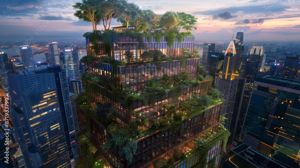 Obraz premium A panoramic view of a sustainable skyscraper with a lush rooftop garden seamlessly integrated into a bustling cityscape