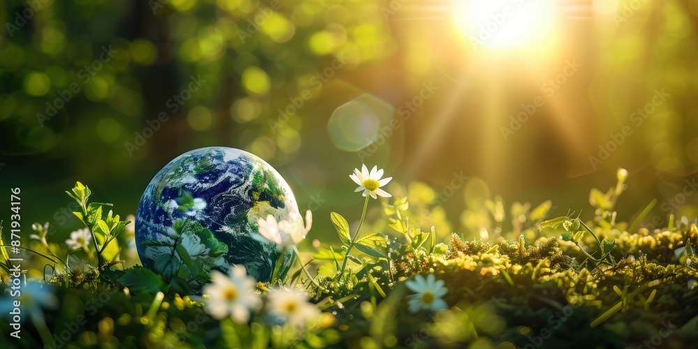 Earth Globe on Grass with Sunlight Earth Globe on Grass with Sunlight