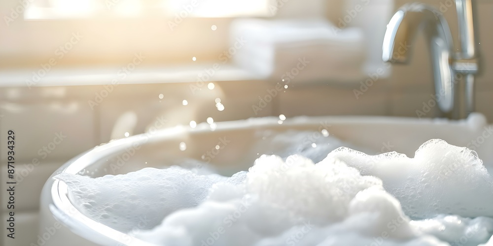 Fototapeta premium Sunlit bathtub filled with soapy suds. Concept Relaxing Bath, Bubble Bath, Sunlit Soak