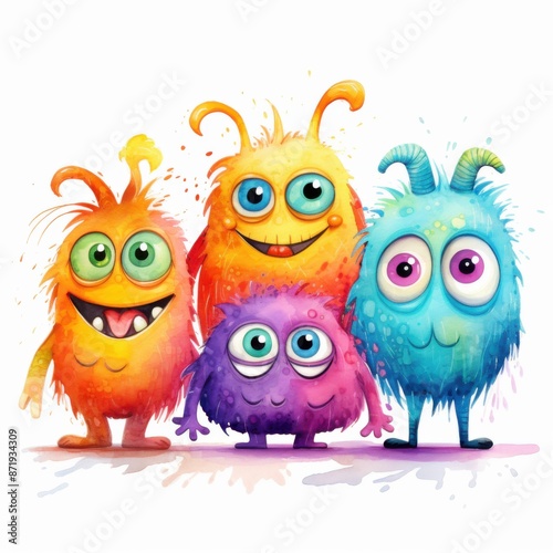Playful Doodle Art Monsters - Colorful Neon Watercolor Creatures with Big Eyes and Funny Expressions for Whimsical Designs