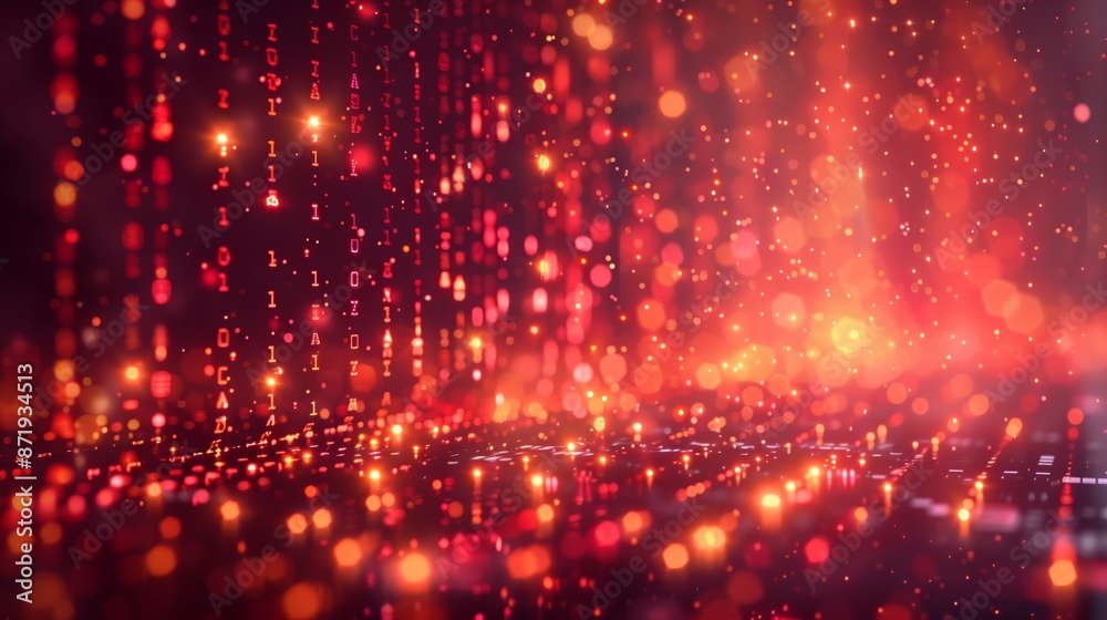 Fototapeta premium An abstract illustration of binary code flowing dynamically against a backdrop of blurred lines and bokeh lights. The color gradient from warm to cool hues adds depth