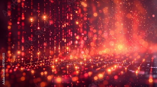 An abstract illustration of binary code flowing dynamically against a backdrop of blurred lines and bokeh lights. The color gradient from warm to cool hues adds depth