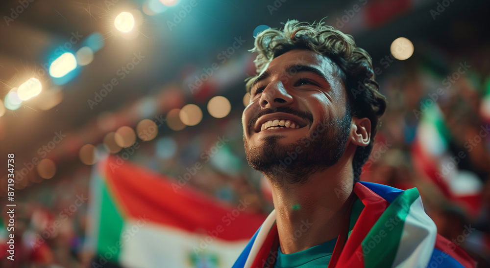 Italian football fan with flag of his country on the stadium. Italian football fan with flag of his country on the stadium.