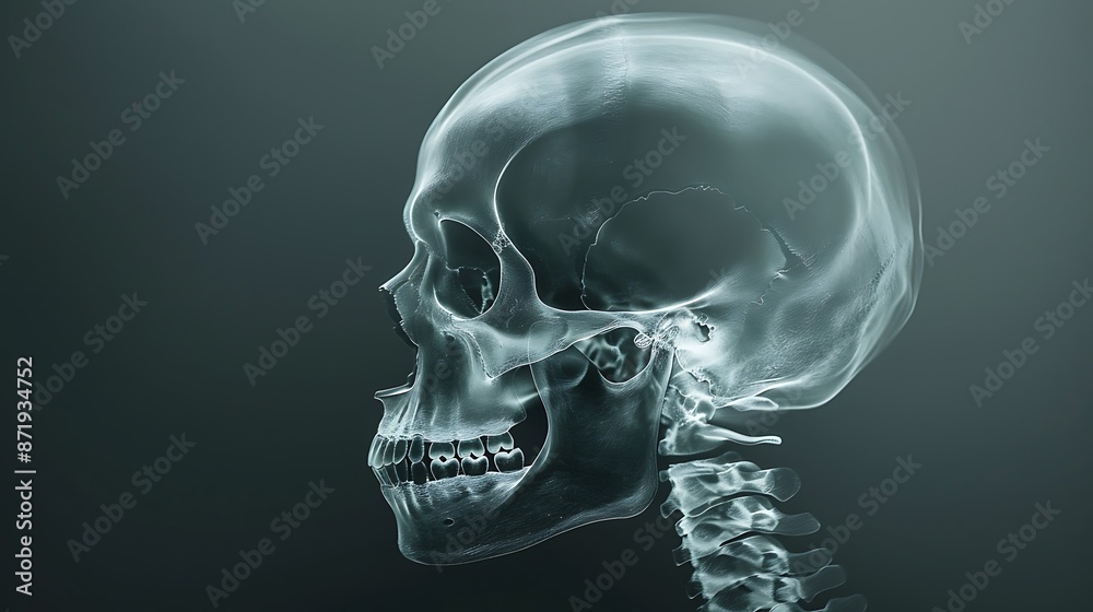Detailed X-ray of Human Skull Showing Cranial Bones on Gradient Grey Background Detailed X-ray of Human Skull Showing Cranial Bones on Gradient Grey Background