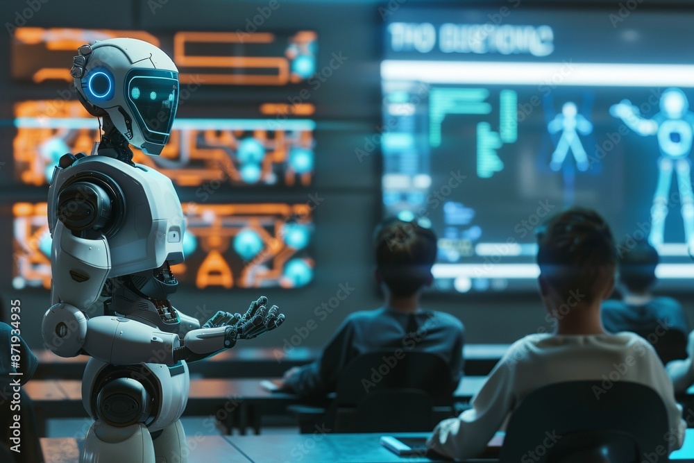 Robot teaching a class of students in a futuristic classroom, demonstrating advanced educational technology Robot teaching a class of students in a futuristic classroom, demonstrating advanced educational technology