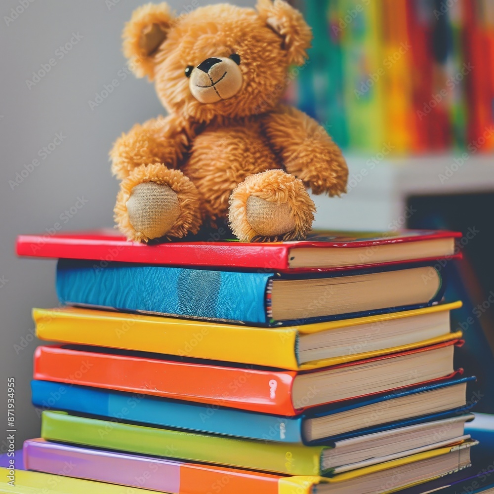 Colorful Stack of Children's Books with Bear Toy Colorful Stack of Children's Books with Bear Toy