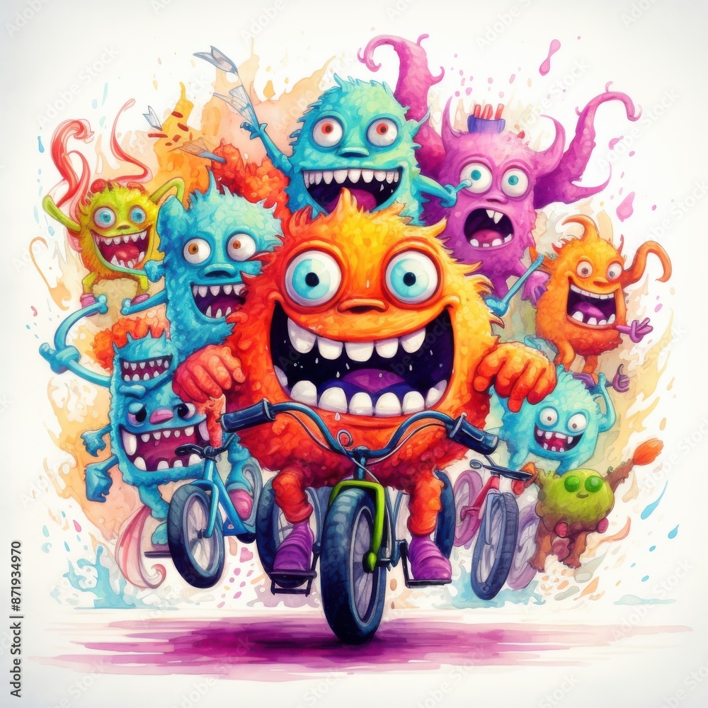 Fototapeta premium Playful Little Monsters on Bikes in Neon Watercolors - Energetic Doodle Art Style