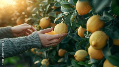 Lemon Harvest: A shot of hands reaching up to pick a ripe lemon from a tree. photo