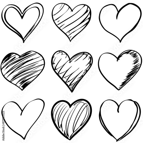 A collection of handdrawn hearts on a white background