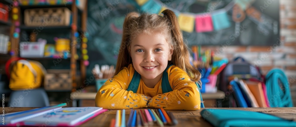 A young girl happily organizing her school bag, surrounded by a variety of educational tools including rulers, glue sticks, and folders Her joyful expression reflects the eagerness to learn and the A young girl happily organizing her school bag, surrounded by a variety of educational tools including rulers, glue sticks, and folders Her joyful expression reflects the eagerness to learn and the