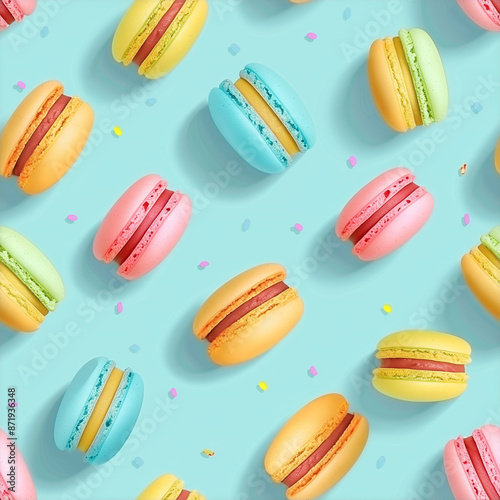 Colorful macarons scattered randomly on a pastel blue background