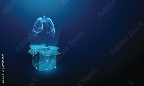 Abstract blue open box and human lungs. Organ transplantation concept. Low poly futuristic digital technology neon style. Geometric background. Wireframe light connection structure. 3d graphic. Vector