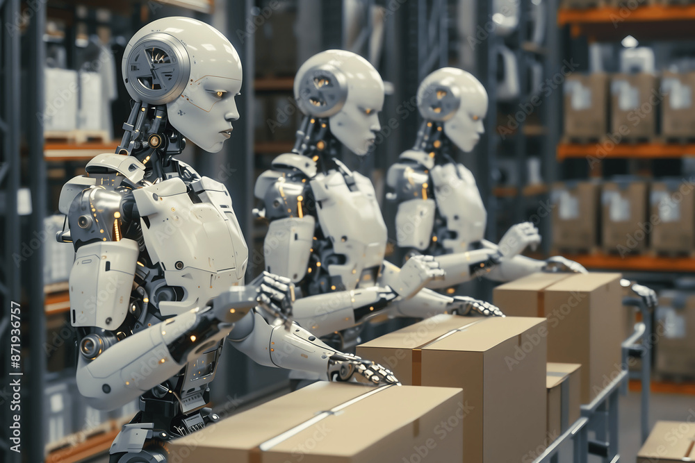 Three robots working in a warehouse packing boxes Three robots working in a warehouse packing boxes