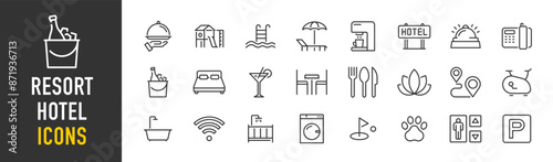 Resort Hotel web icons in line style. Wellness, beach, tourism, hotel, passport, maps, spa, landscape, camera. Icon collection. Vector illustration.