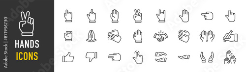 Hands web icons in line style. Handshake, hands holding mobile, click, stop, applause, like, thumbs up. Vector illustration.