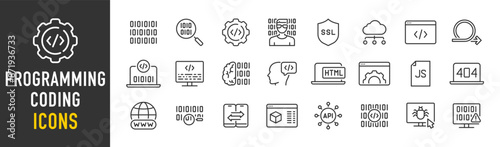 Programming and Coding web icons in line style. Software, development, legal, cloud computing, programmer, data, collection. Vector illustration.