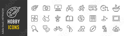 Hobby web icons in line style. Sports, music, dancing, yoga, artificial cooking, travelling, gardening. Vector illustration.