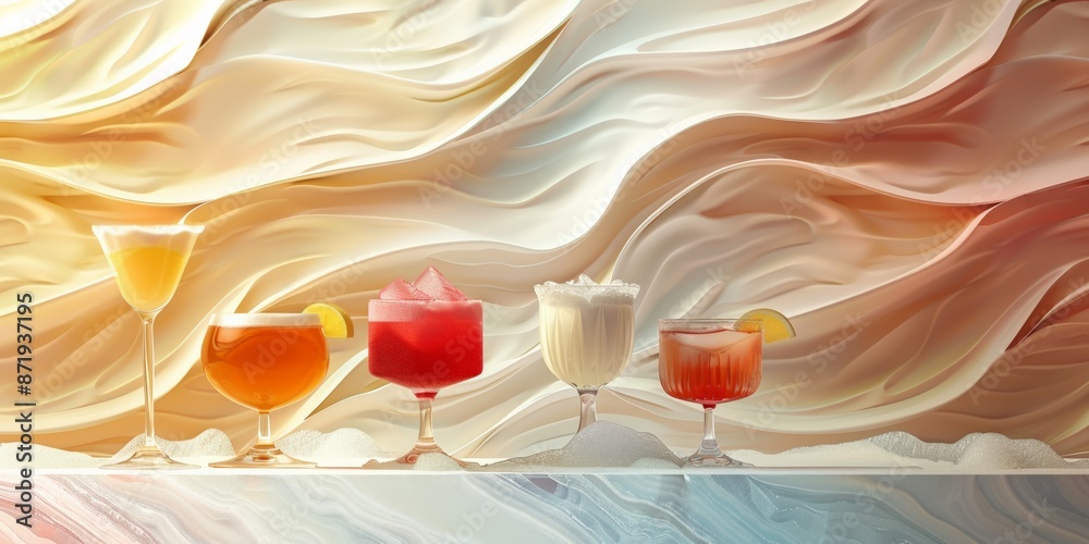 Two elegant cocktails with a citrus garnish, set against a flowing, artistic background for a chic presentation. Two elegant cocktails with a citrus garnish, set against a flowing, artistic background for a chic presentation.