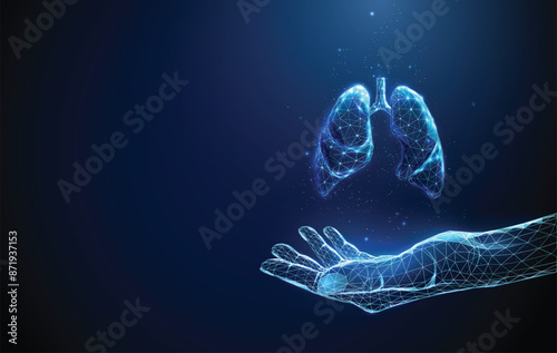 Abstract giving hand with blue human lungs. Healthcare medical concept. Low poly futuristic technology digital neon style. Geometric background. Wireframe light connection structure. 3d graphic Vector