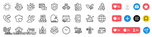 Photo camera, Online auction and Quickstart guide line icons pack. Social media icons. Social responsibility, Augmented reality, Share call web icon. Globe, Pyramid chart, Time pictogram. Vector