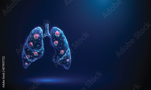 Abstract blue human lungs wih red viruses inside. Respiratory and viral lung diseases, healthcare protection medical concept. Low poly style. Geometric background Wireframe structure 3d graphic Vector photo