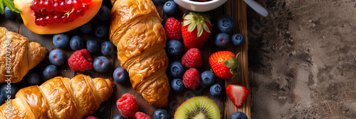 Overhead view of a breakfast spread with croissants and fresh fruit © thecreativesupplies