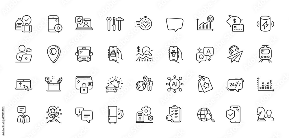 Piggy bank, Swipe up and Chess line icons pack. AI, Question and Answer, Map pin icons. Spanner tool, Online rating, Chat message web icon. Timer, Charge battery, Wallet pictogram. Vector Piggy bank, Swipe up and Chess line icons pack. AI, Question and Answer, Map pin icons. Spanner tool, Online rating, Chat message web icon. Timer, Charge battery, Wallet pictogram. Vector