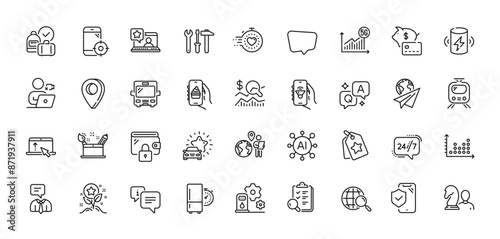 Piggy bank, Swipe up and Chess line icons pack. AI, Question and Answer, Map pin icons. Spanner tool, Online rating, Chat message web icon. Timer, Charge battery, Wallet pictogram. Vector
