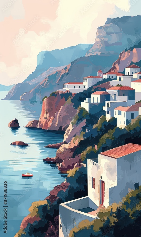 Fototapeta premium Picturesque coastal village with white houses on cliffs by serene blue sea. Minimalistic poster.